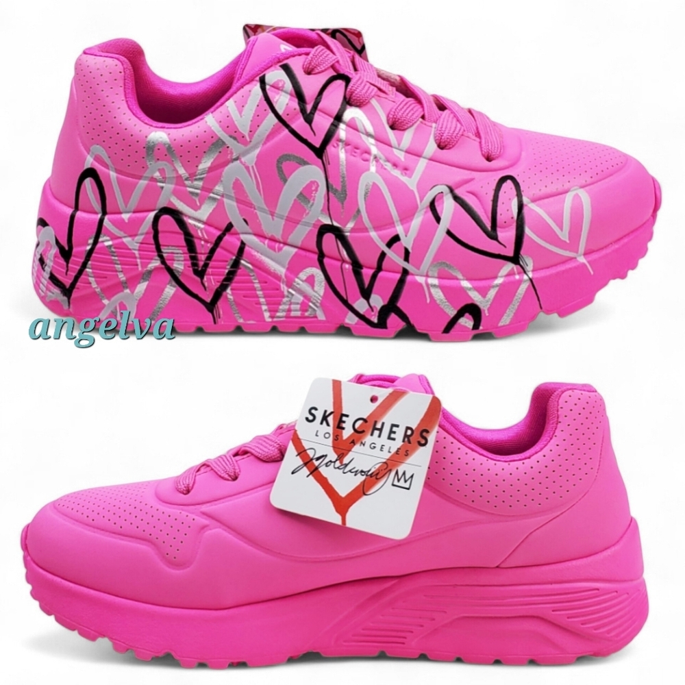 NWT Skechers kids little girl uno lite metallic love sneakers hot pink multi